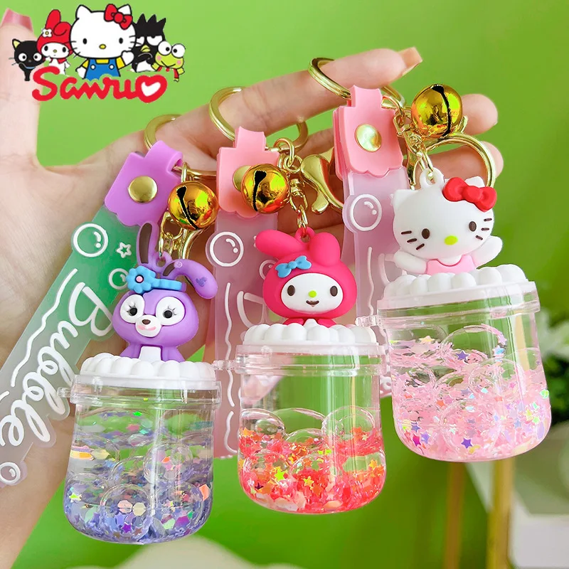 MINISO Melody Kuromi Hello Kitty Cinnamoroll Pochacco Luminous Dew Doll Into Oil Drifting Bottle Key Chain Bubble Beads KeyChain