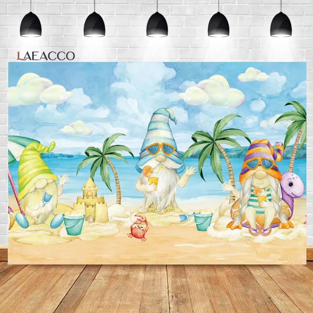 

Laeacco Summer Tropical Seaside Beach Background Cartoon Goblin Plam Tree Kids Birthday Portrait Customized Photography Backdrop