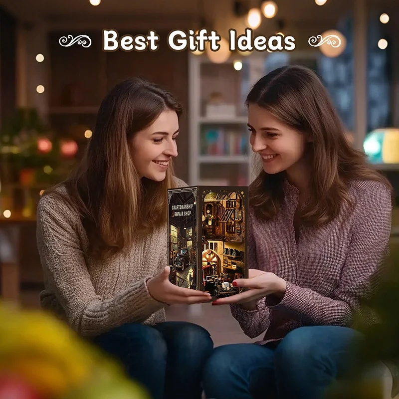 Hot Selling Wooden DIY Miniature House Bookshelf Decoration 3D Wood Puzzle Mini City Book Nook Kit with Dust Cover Use As Gift
