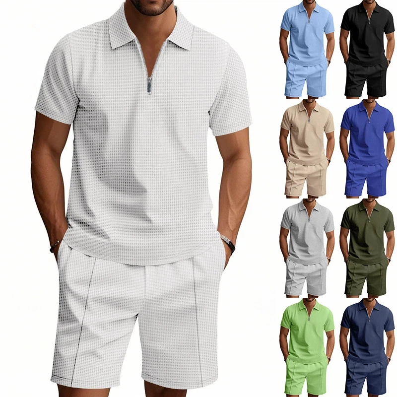 

Men's Waffle Casual 2-Piece Set Summer Loose Collar T-Shirt Short Sleeved Shorts Solid Color Versatile Men's Summer Outfit
