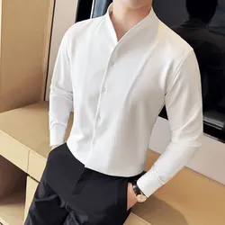 Camisa Sexy con cuello en V para hombre, camisa informal de manga larga sin cuello, vestido de negocios sin costuras, blusa de esmoquin para fiesta Social, M-4XL