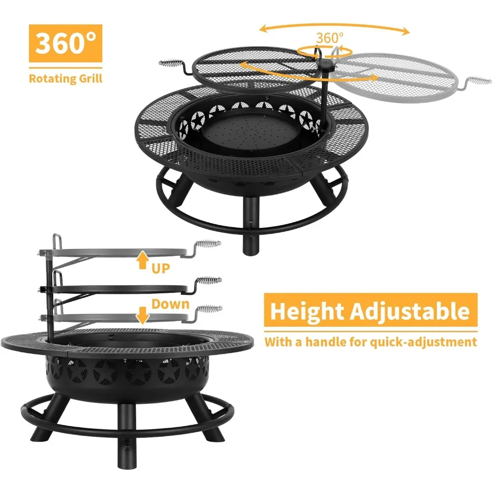 35 Inch Fire Pit with Cooking Grate & Charcoal Pan, Outdoor Wood Burning BBQ Grill Firepit Bowl with Cover Lid,Steel Round Table