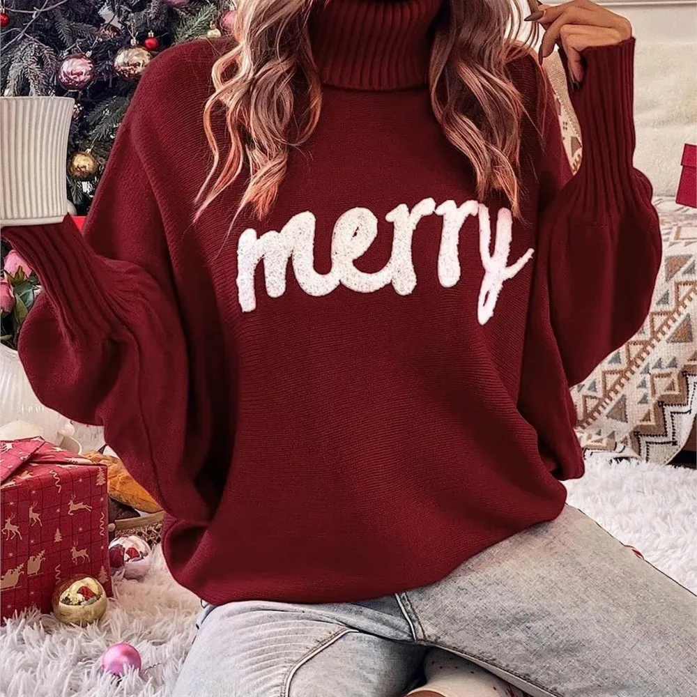 Winter Bat-sleeve Loose Knit Sweater Worn OverFashion Turtleneck Casual Long Sleeved Women Christmas Knitted Embroidered Sweater