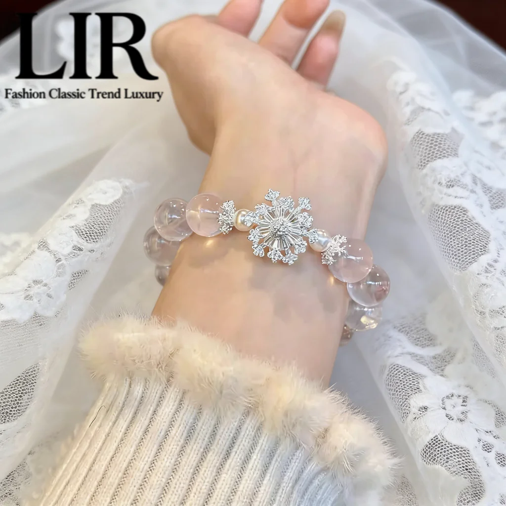 

LIR Rotatable Snowflake Rose Quartz Bracelet: Trendy Shiny Pink Feng Shui Love Luck Women