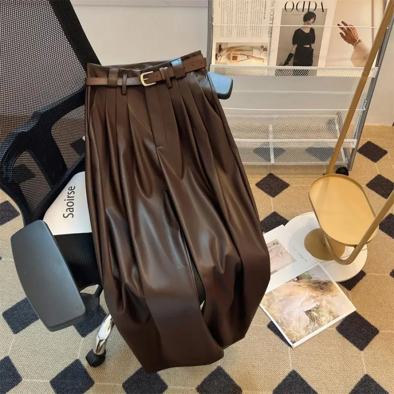 

Loose large size American pu leather straight wide-leg pants women's autumn high waist thin matte trousers