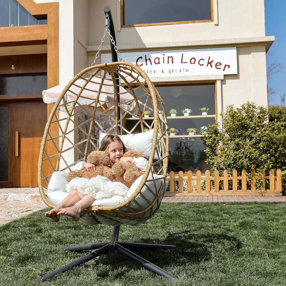 Egg Swing Chair with Stand, Outdoor Patio Hanging Egg Chair, Indoor Hammock Chair with Cushion for Garden Backyard, 350LBS Capa