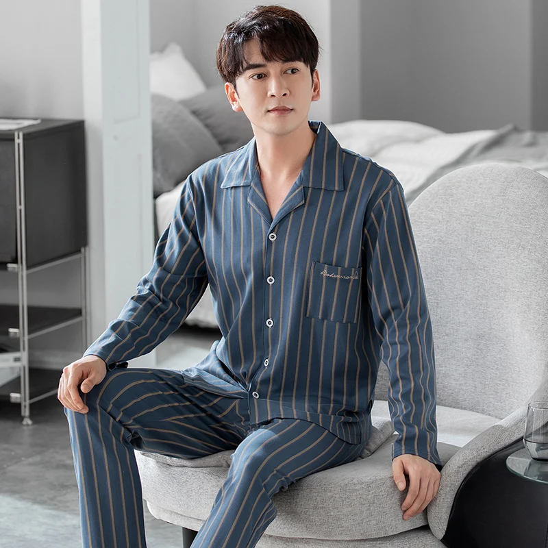 New Spring and Autumn Pure Cotton Men's Pajamas Cardigan Vertical Stripe Casual Fashion Men's Pajamas