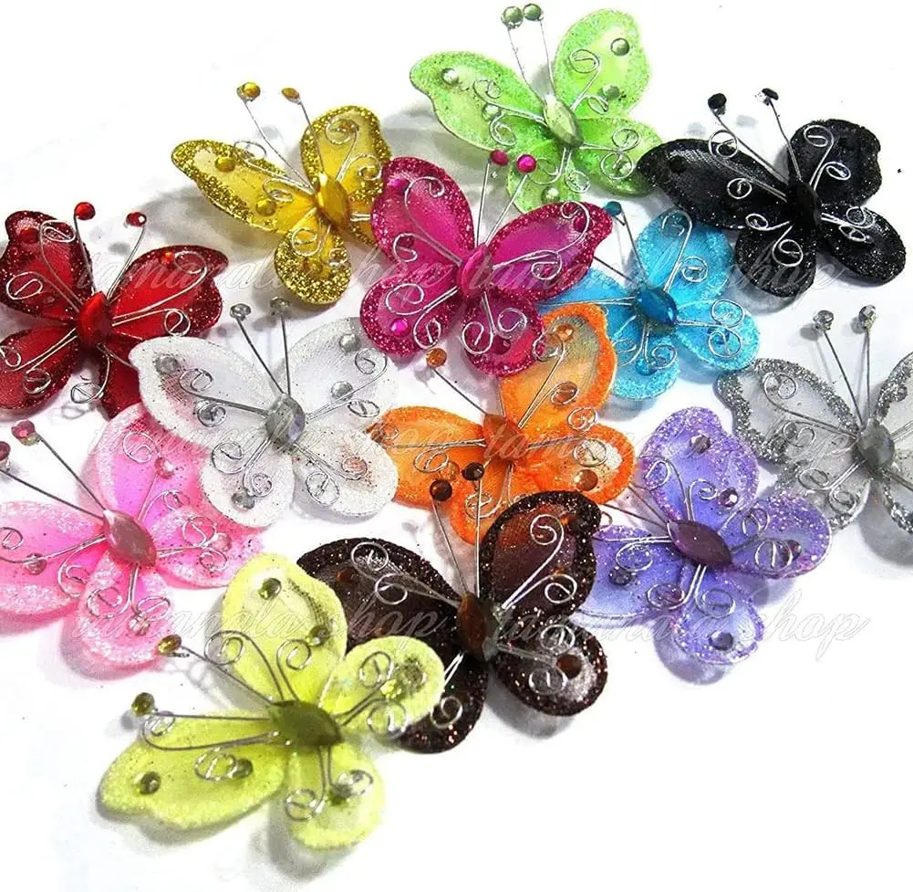 30pcs Organza Mesh Wire Butterflies Glitter Rhinestone Butterfly Charm For Wedding Stakes Party DIY Decorations 5.2x5.6cm