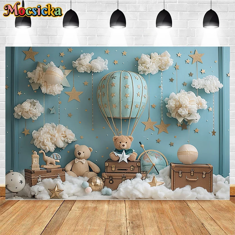 Mocsicka Photography Background Hot Air Balloon Bear Decor Cake Smash Kids Birthday Party Newborn Shower Backdrop Photo Studio