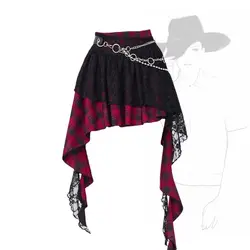 2026 Special Punk Dark Red Plaid Lace Skirt Sweet Cool Hip Slit Goth Skirt Women for Party Club Street Dress Black Dress