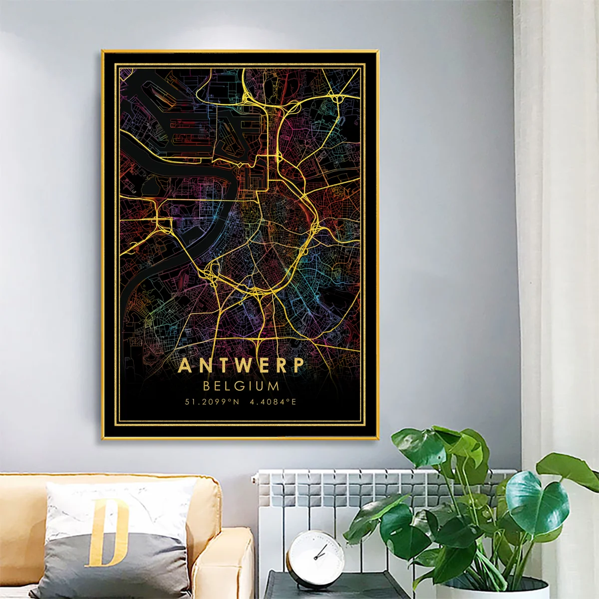 Brussels Antwerp GOLD ROADS Rainbow City Map Print Belgium Poster Canvas Wall Art Black Pictures for Living Room