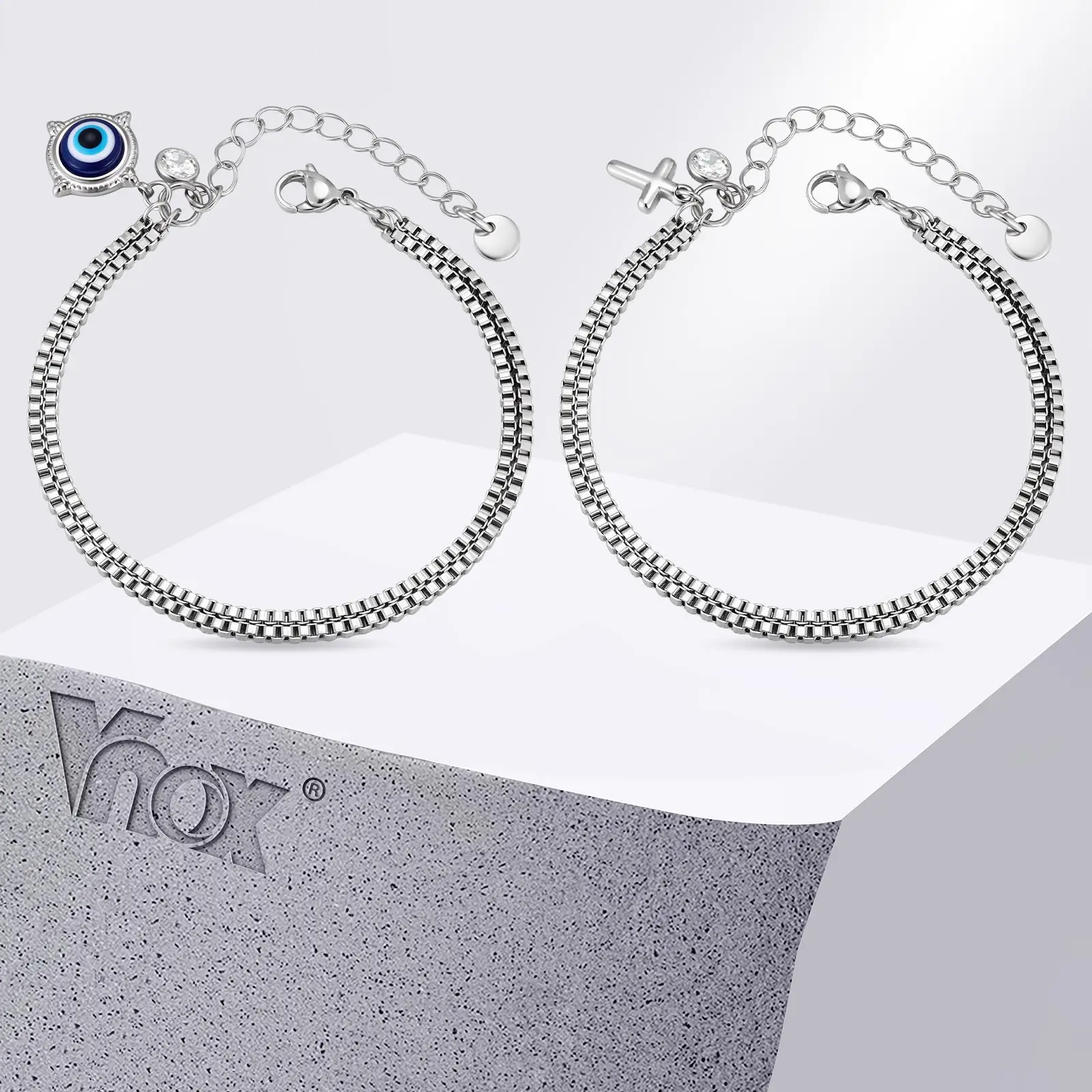 Vnox Evil Eye Cross Charm Bracelet for Men Women, Stainless Steel Box Chain Adjustable Amulet Birthday Party Jewelry Present
