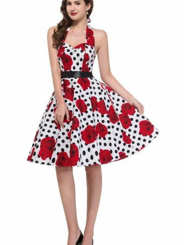 2026年新作 レディース 夏 ポルカドット ヴィンテージドレス パーティー オフィスレディー 1950年代 60年代 ロカビリー ビッグスイング ホルターネック 服 チュニック ワンピース