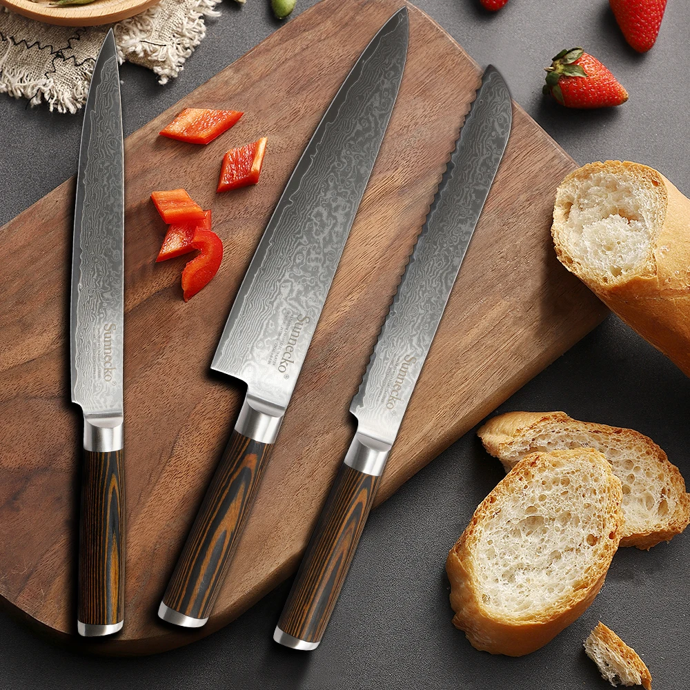 

SUNNECKO Kitchen Cooking Knife Set VG10 Damascus Steel Knife 8'' Chef Bread Slicing Knife Wood Handle Meat Fish Vegetable Tool