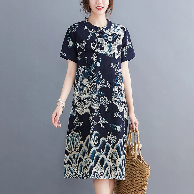 Summer New Sle Northeast Large Flower Ethnic Artistic Cotton Linen Print ort Sve Women's Qipao Dr Traditional Chine...