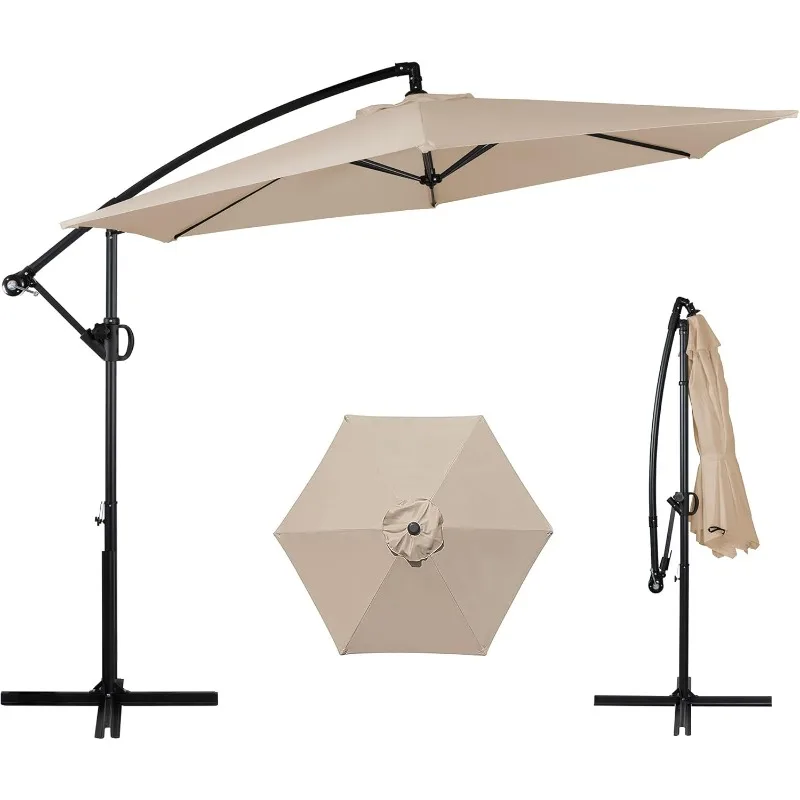 Patio Offset Umbrella with Easy Tilt Adjustment,Crank and Cross Base, Outdoor Cantilever Hanging Umbrella, Khaki