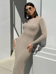 Autumn Long Sleeve Knitted Maxi Dress Women Elegant Sexy Pit Strip O-Neck Bodycon Evening Party Dresses 2024 Lady Casual Dress