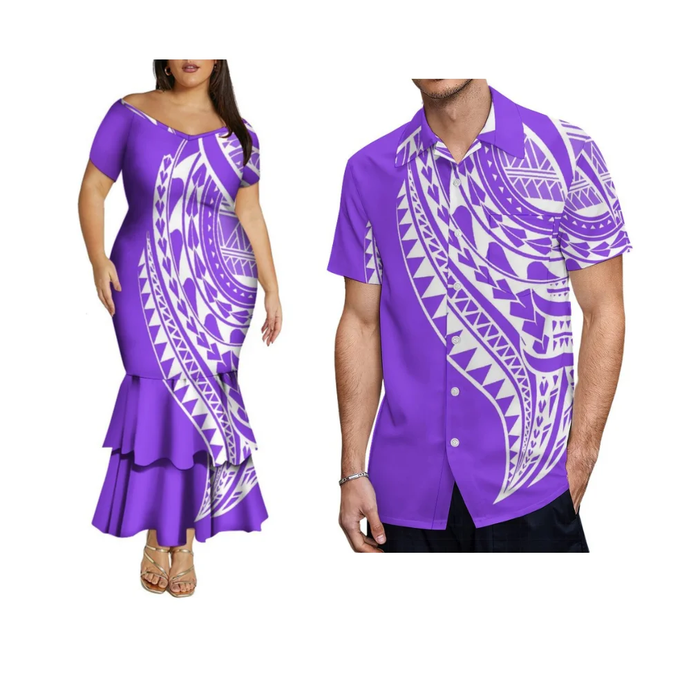 

Высококачественная летняя полинезийская элегантная двухслойная женская юбка с v-образным вырезом и открытыми плечами на заказ, наряды для пар