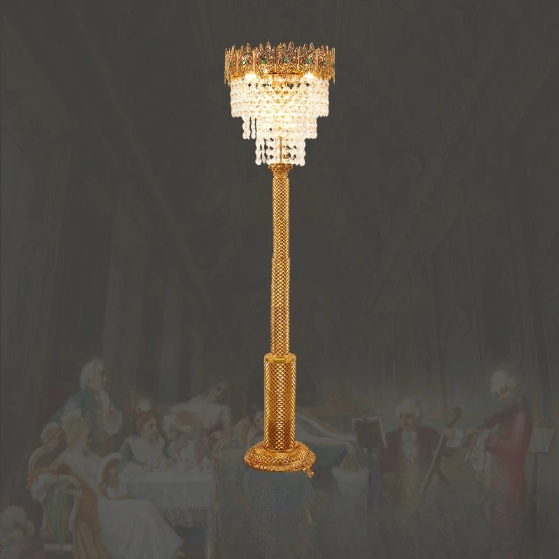 Franse lichte luxe retro volledig koperen kristallen vloerlamp, Europese luxe villa woonkamer, slaapkamer studeerverlichting