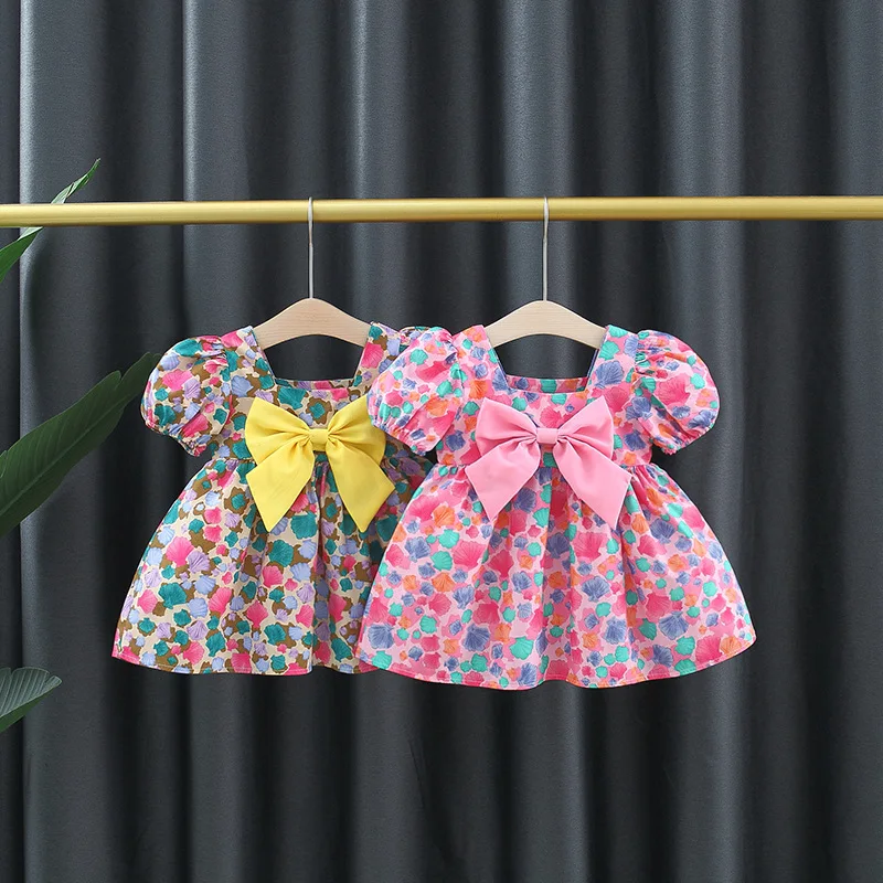 Baby Girl Summer New Dress Sweet Shell Printed Bubble Sleeves Big Bow Cotton Cloth Skirt Suitable for Children Aged 80-110