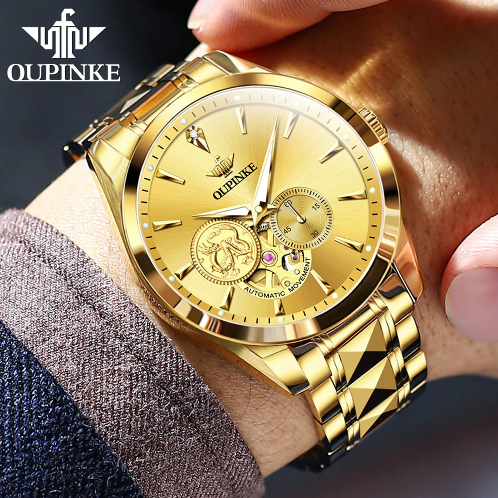 OUPINKE 3260 ساعات الماس الذهب الحقيقي للرجال قمة التنين الفاخرة الراقية التنغستن الصلب الياقوت مرآة الرجال ساعات المعصم