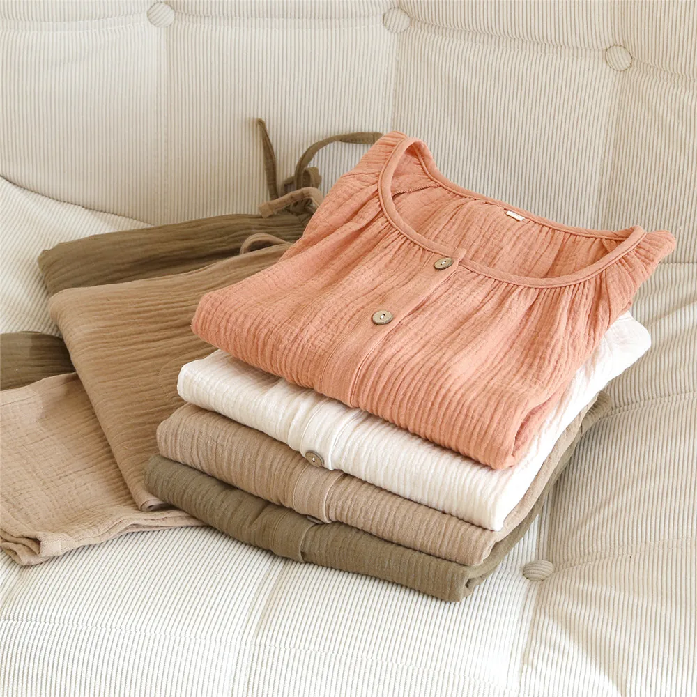 Solid Color Womens Cotton Gauze Pajama Set Long Sleeve Button Down Shirt and Lounge Pants 2 Piece Cute Sets