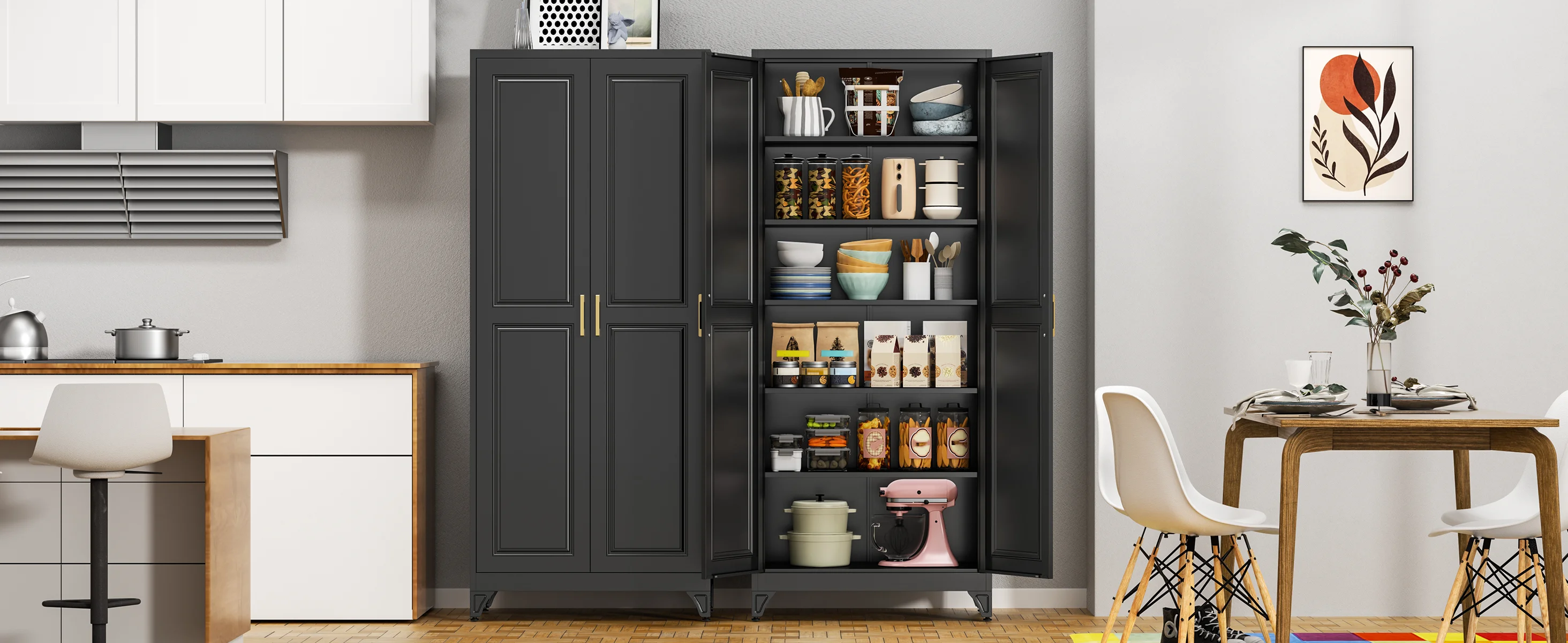 Polup 75" Pantry Cabinet with 5 Adjustable Shelving Tall Metal Storage Cabinet Blue Modern Kitchen Cabinet for Kitchen