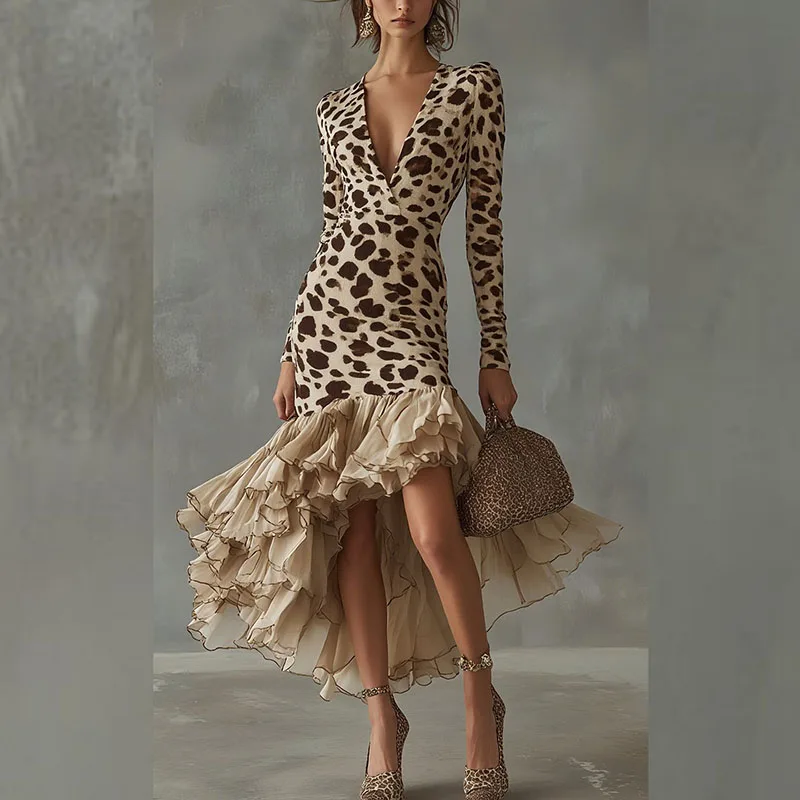 

Retro stone patterned patchwork mesh dress for women, sexy V-neck party dress, autumn long sleeved pullover irregular long skirt