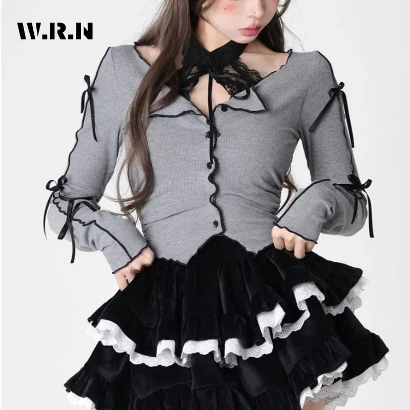 Gyaru Casual Bow Knitting Long Sleeve Women Cardigans 2024 Winter Hotsweet V-Neck Single Breasted Ladies Sexy Sweet Sweater