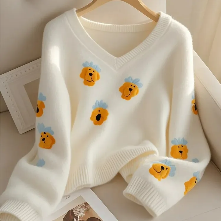 Loose Long Sve V-Ne Knitted Dog Cartoon Sweatirt Outerwear Fufu White Lazy Sle Korean Faion Women's Sweater Coat