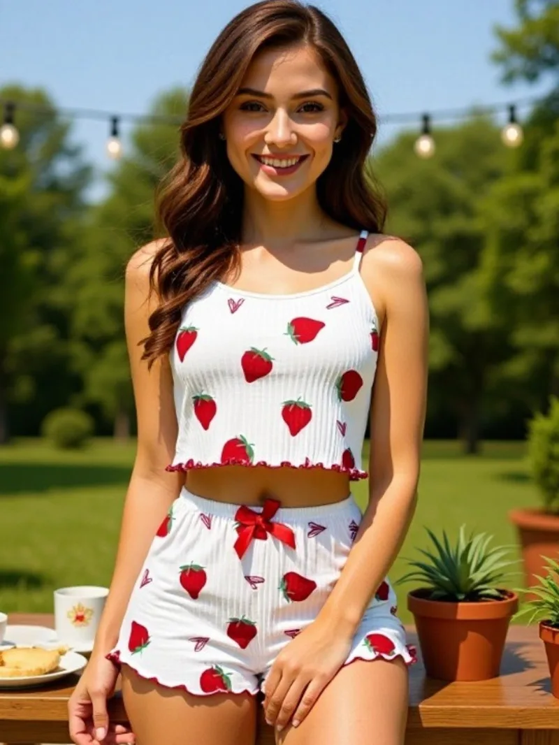 Strawberry Heart Print Ribbed Set Camisole Shorts Two-Piece Set Women's Loungewear Shorts Sets Casaul Elegant Style 6NLU