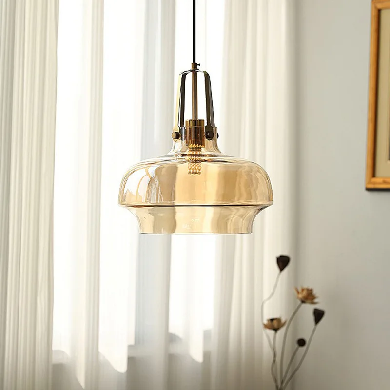 

American Vintage Amber Glass Pendant Lamp Nordic Modern Home Decoration Bedroom Study Living Room Chandelier Atmosphere LED Lamp
