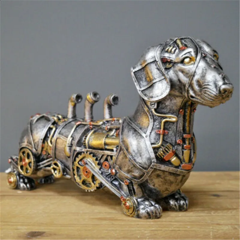 Resin Steampunk Animals Sculpture Industrial Sausage Dog Statue Machinery Dog Home Office Table Desktop Ornaments Home Decor