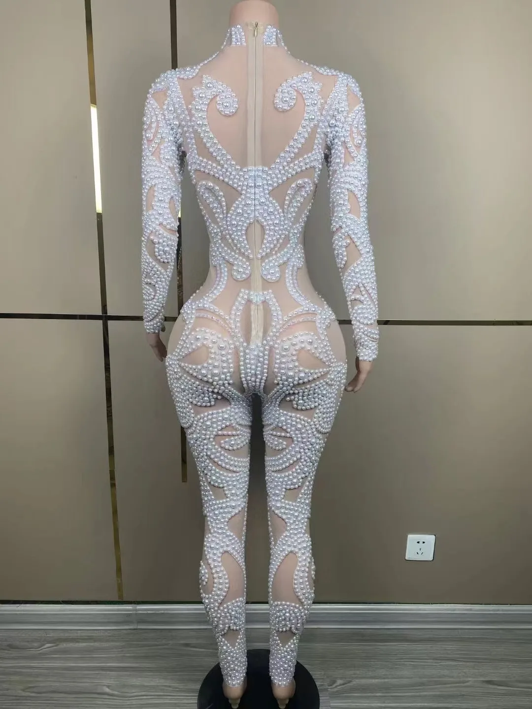 Sexy Luxury White Pearls Jumpsuit Transparent Mesh Outfit Christmas Party Dance Show Stage Performance Photo Shoot Bodysuit