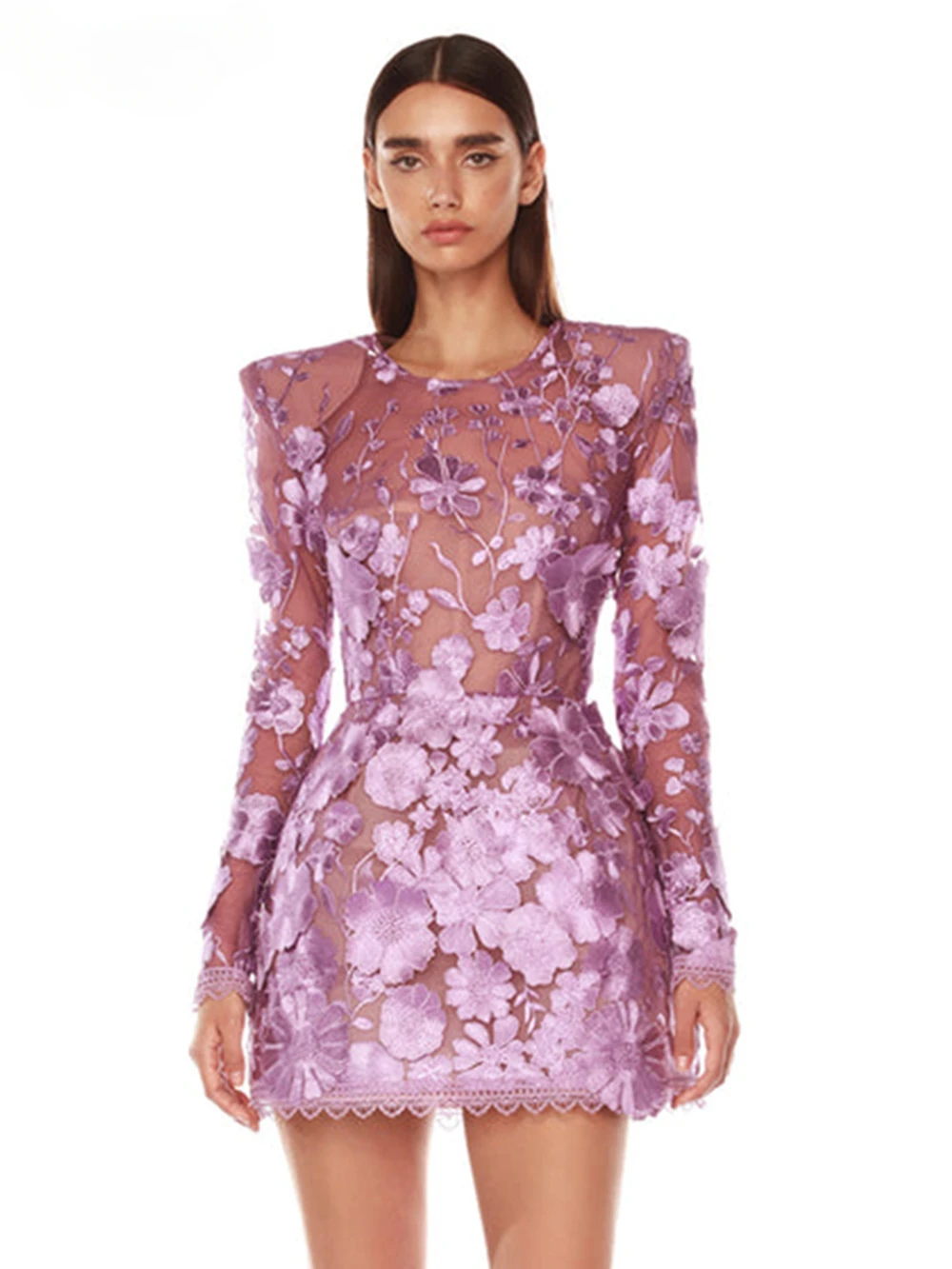 Purple Luxury Dress Women's Long Sleeve Embroidered Flower High Waist Mini A-line Dress Elegant Party Clothing