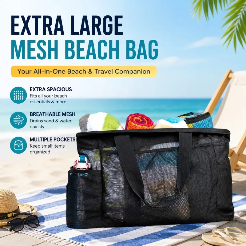 

Extra Large Mesh Beach Bag with Zipper & Side Pockets, Breathable Polyester Tote for Pool, Travel, Gym, Portable Organizer