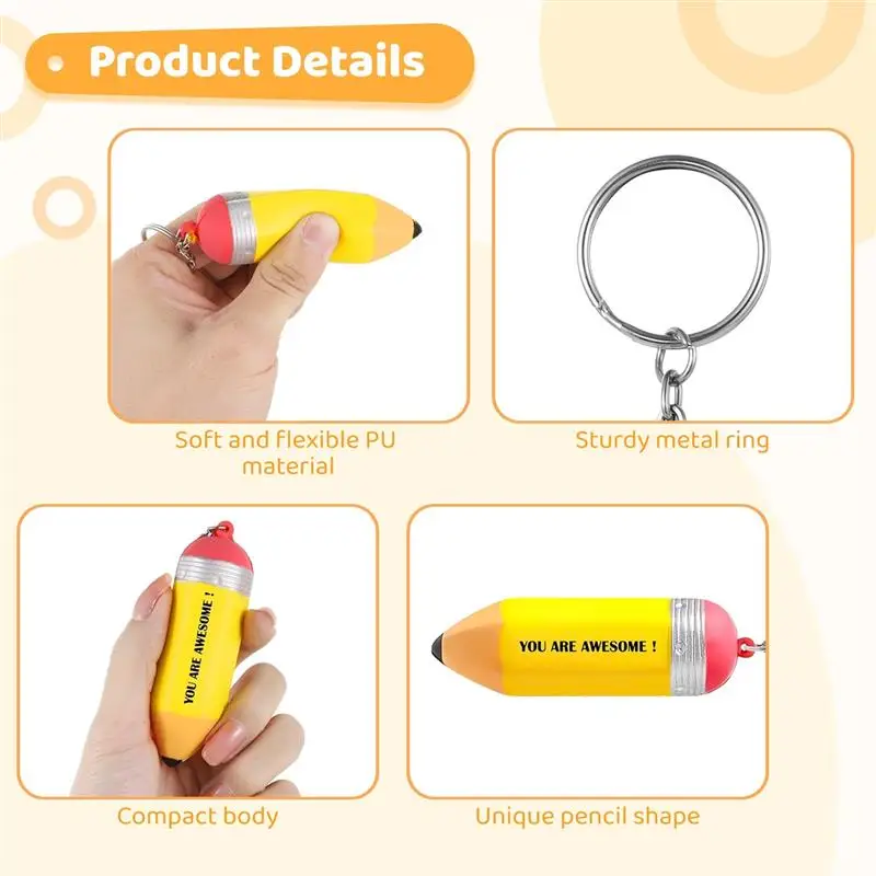 25Pcs Pencil Keychains Bulk PU Squeeze Keychains Cute Teacher Key Chains Pencil Shaped Stress Balls Teacher Appreciation Gifts