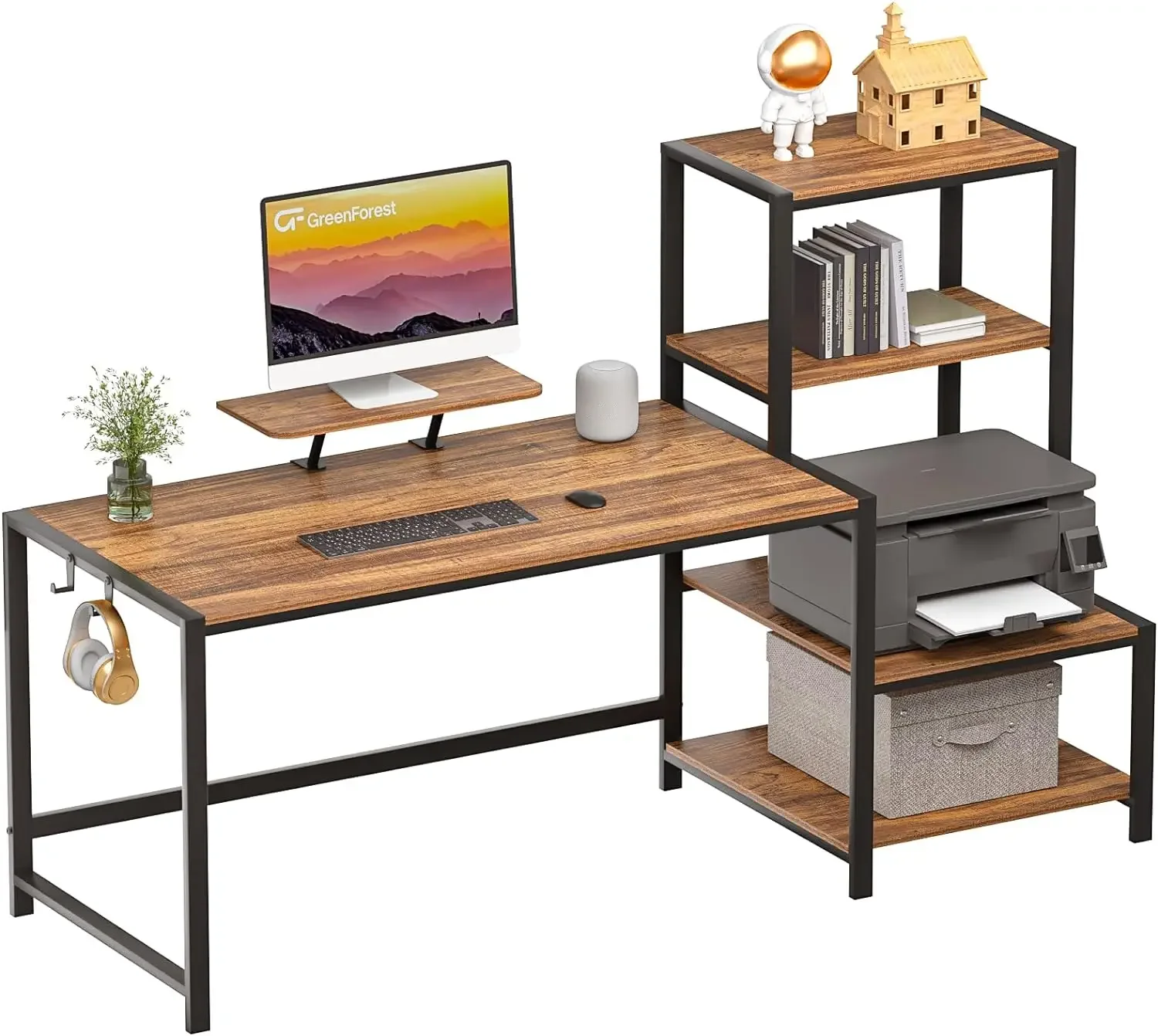 GreenForest Computer Desk 58 inch with Storage Printer Shelf Reversible Home Office Desk with Movable Monitor Stand and 2 Headph