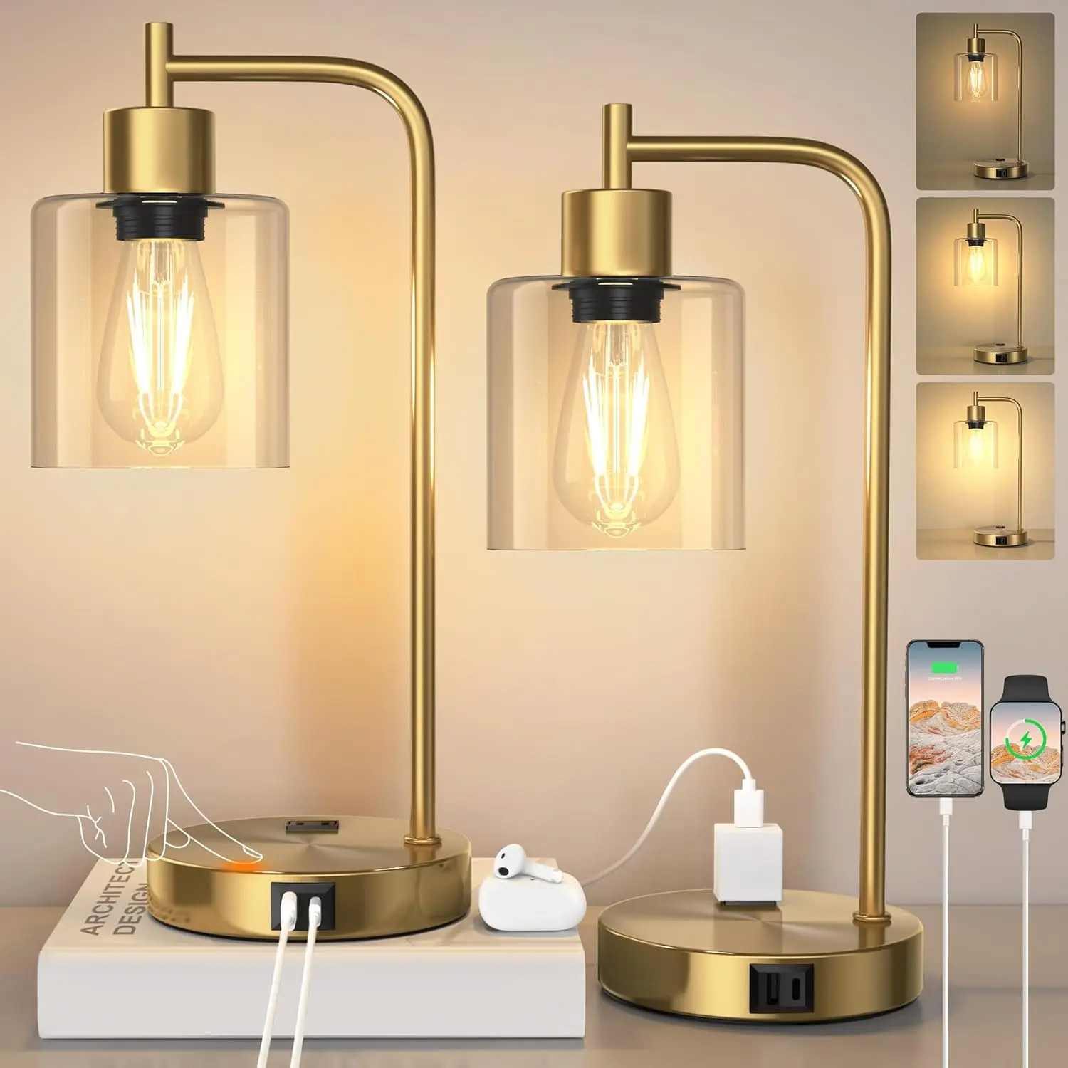 

Набор из 2 промышленных настольных ламп с сенсорным управлением и розетками переменного тока, трехсторонняя светодиодная стеклянная настольная лампа с регулируемой яркостью для спальни или гостиной