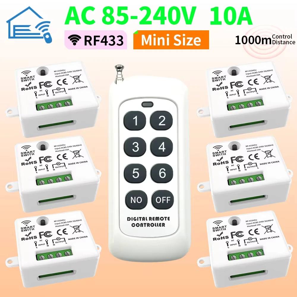 

Wireless remote control switch, 110V to 220V AC power supply, 1 relay, 433MHz receiving module, for learning-type remote control