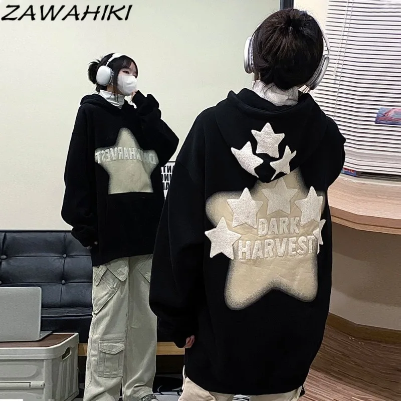 

ZAWAHIKI Sweatshirt Women American Streetwear Chic Designed Lovers Fashion Letter Star Print Loose Sweet Y2K Aesthetic Hoodies