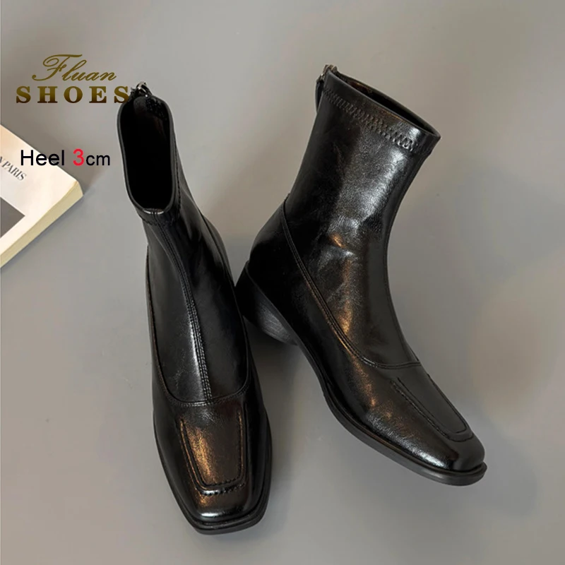 

Vintage Thick Heel Women Ankle Boots Spring Autumn Fashion Square Toe Shoes Female 3CM Sheepskin Short Booties Zapatos De Mujer