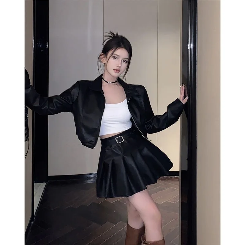 Korean Elegant Leather Two Piece Set Women Belt Streetwear Pleated Mini Dress Set Female Patchwork Design Vintage Suit 2024 New