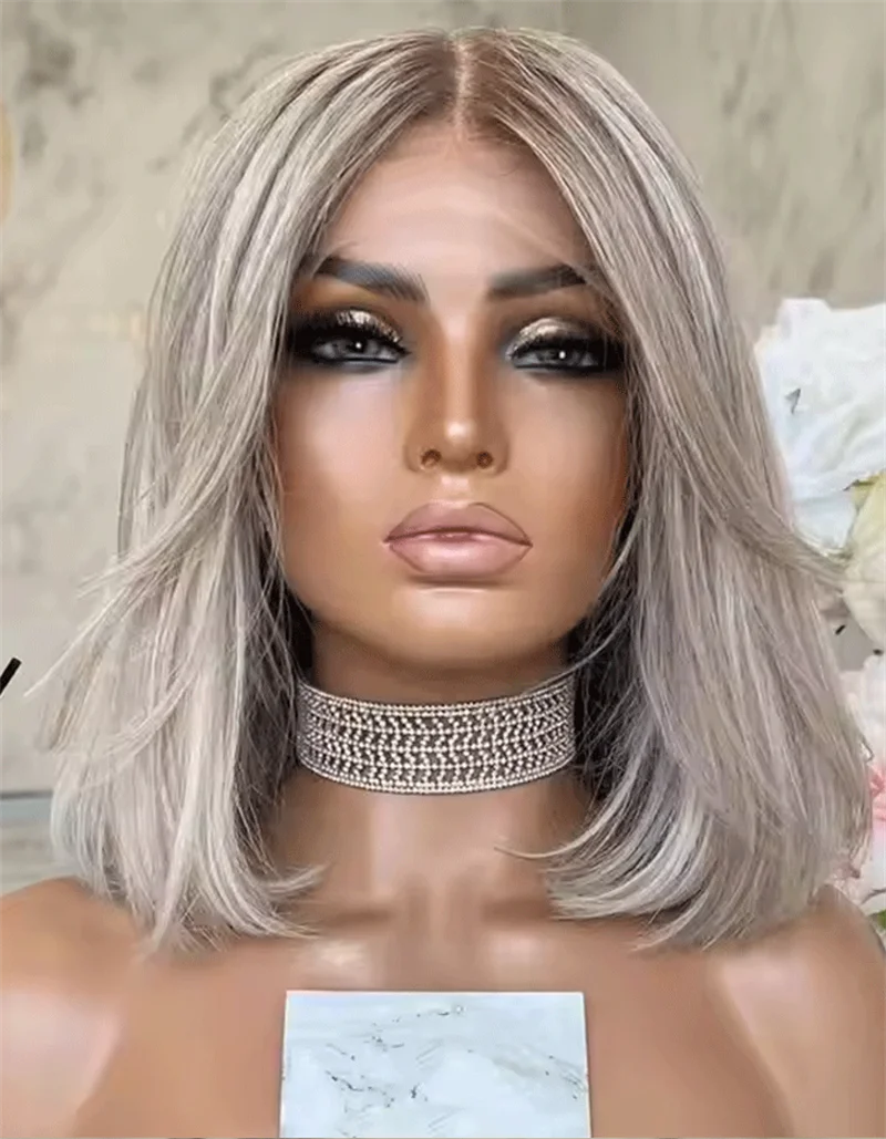 

Ash Platinum Layered Wig Lace Front Wavy Highlights Synthetic Free Part Dark Roots Heat Resistant Wigs For Women Wig Daily Wear