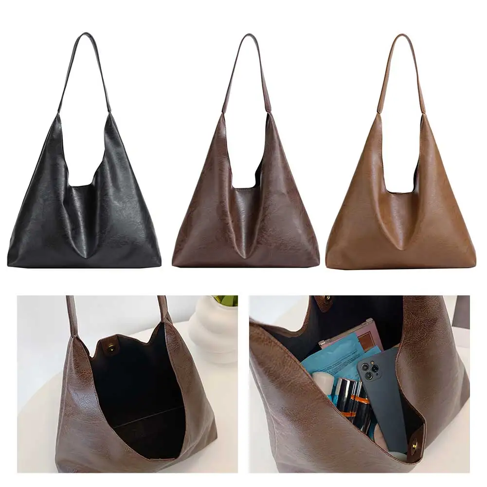 PU Soft Leather Tote Bag Solid Color Women Vegan Leather Slouch Bag Lightweight Underarm Bag Hasp Closure Casual Style Daily Bag