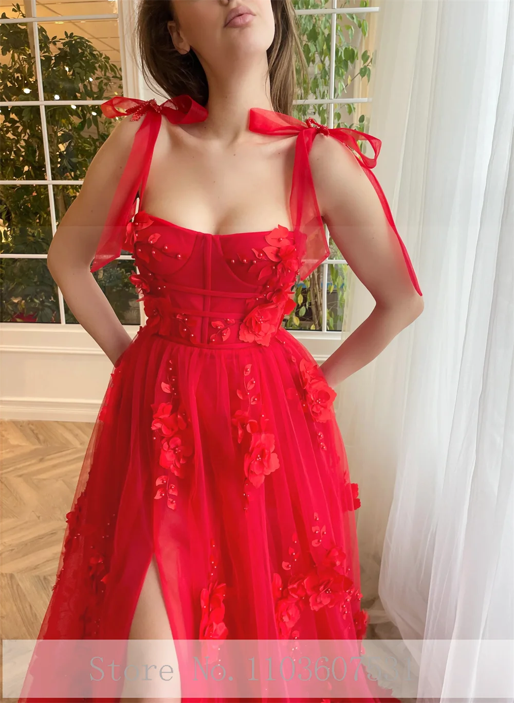 Elegant Floral Applique Spaghetti Straps Square Pleated Prom Dress for Women Lace up Side Split A-line Court Prom Gown 2024