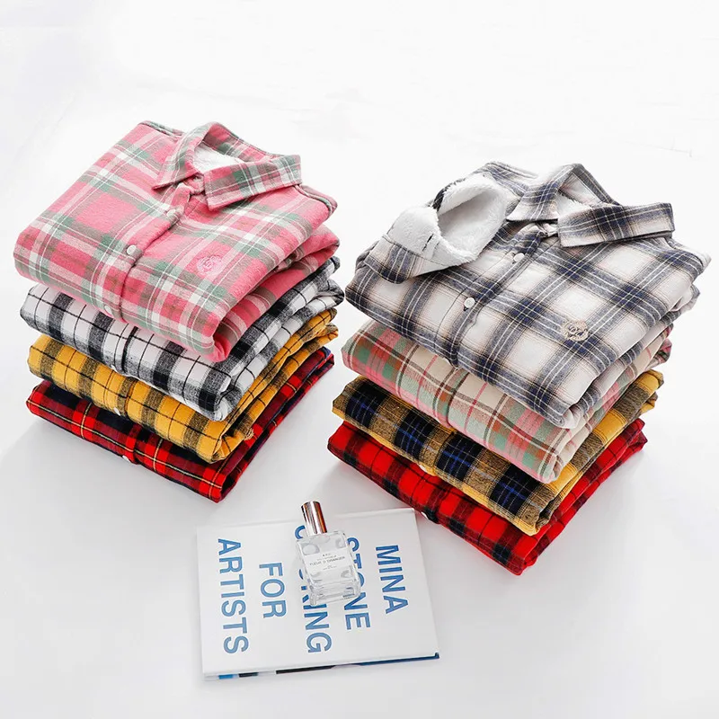 Women's Long Sleeve Plaid Shirts, Cotton Shirt with Velvet, Warm Blouse, Female Thick Cotton, Casual, Autumn, Winter