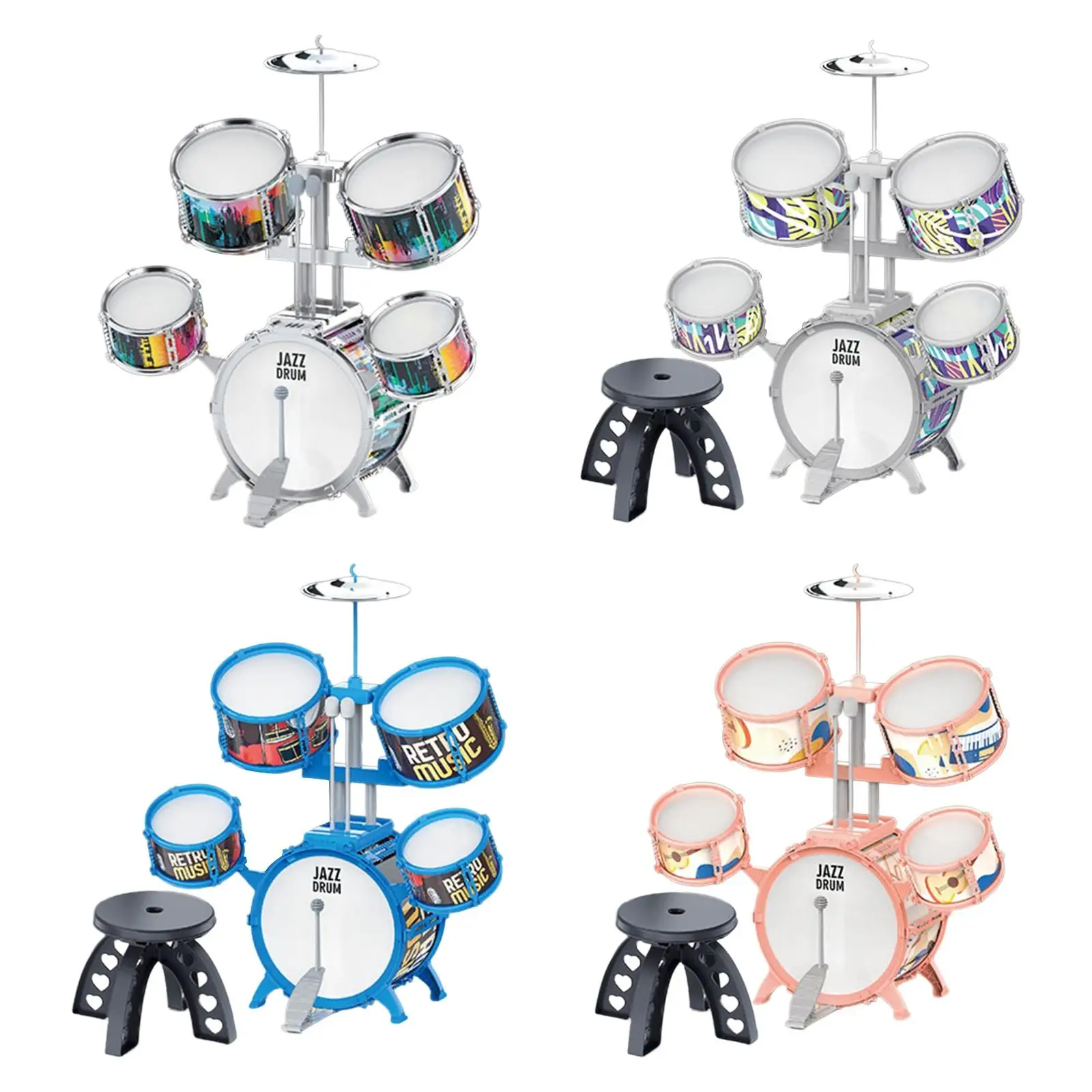 Jazz Drum Set with Stool PVC Child Drum Practice Drum Pad Miniature Drums for Kids Music Education