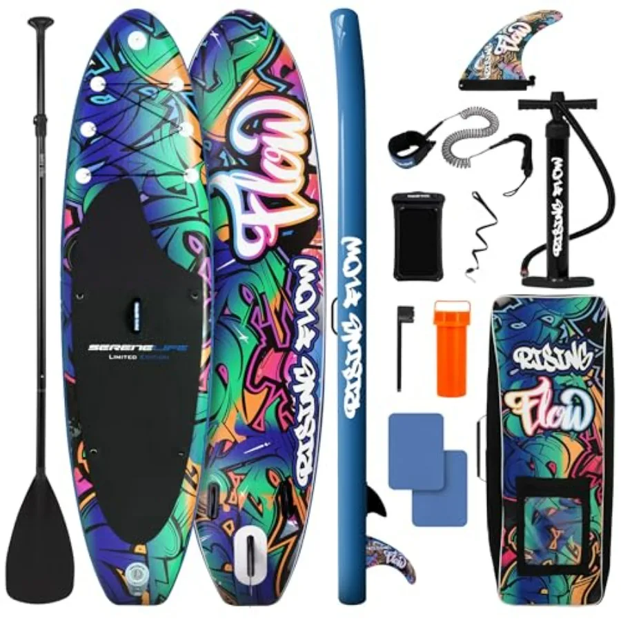 

Youth adult inflatable SUP board, 106 x 32, blue/black, premium EVA non-slip deck pad, 350 lbs capacity, includes full accessor