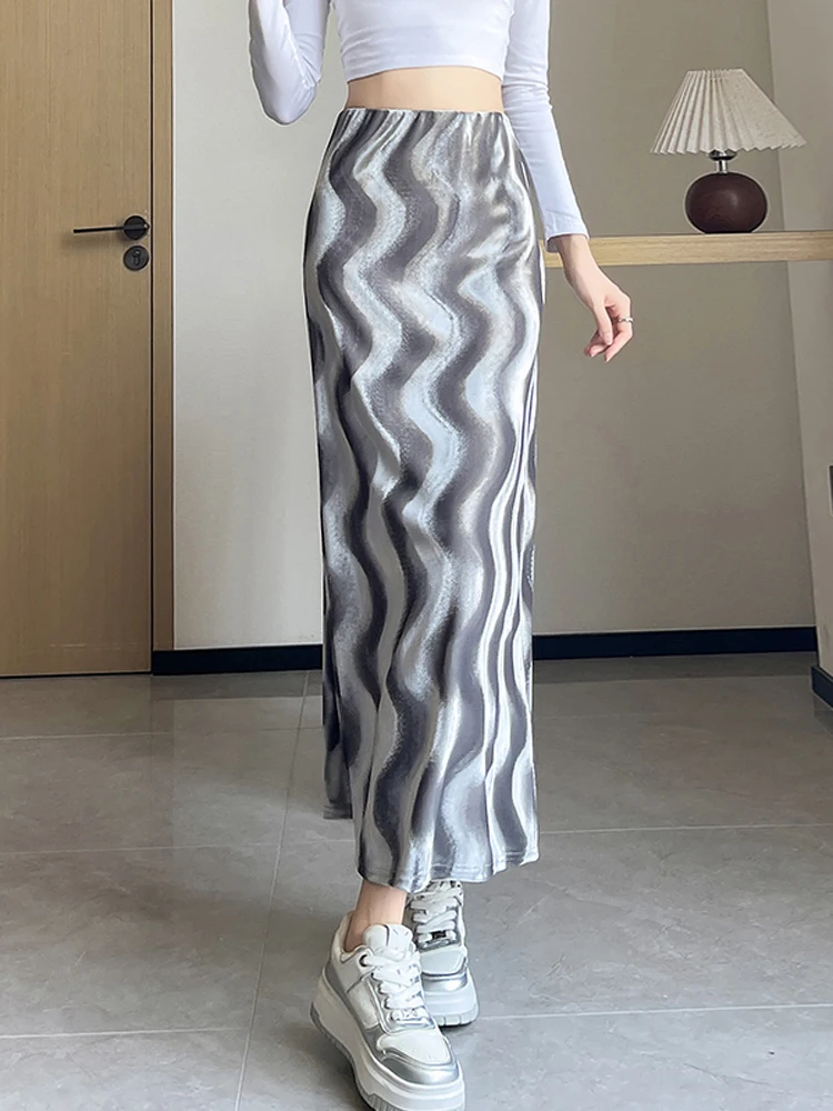 Wave Striped Split Skirts Slim Velvet Autumn Winter 2024 New Collection Women's Clothing Elegant Office Lady Long Skirt Style